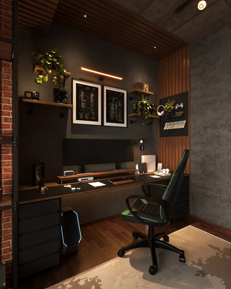 3. Dark Gaming Desk Nook with Wood Slat Frame and Dual Monitors