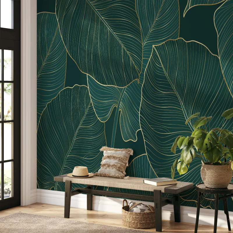 3. Dark Green Leaf Line Art Wallpaper with Minimal Bench Seating and Natural Accents