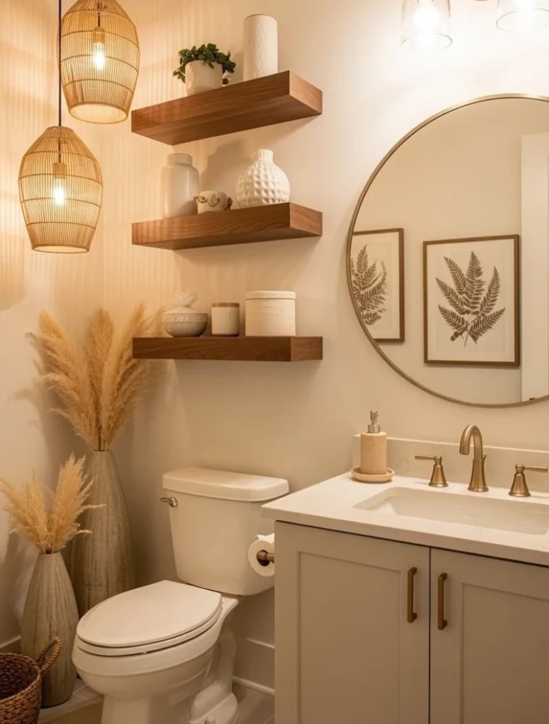 3. Floating Wood Shelves with Rattan Pendant Glow
