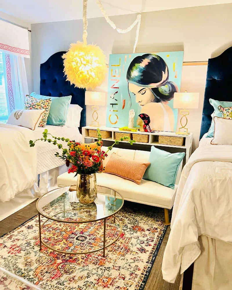 3. Navy Velvet Headboards with Fashion Canvas and Feather Pendant Light