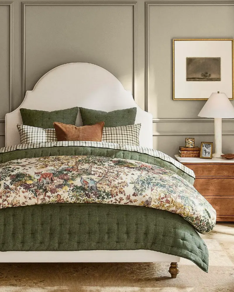 3. Olive Quilt with Woodland Toile Duvet and Arched White Headboard