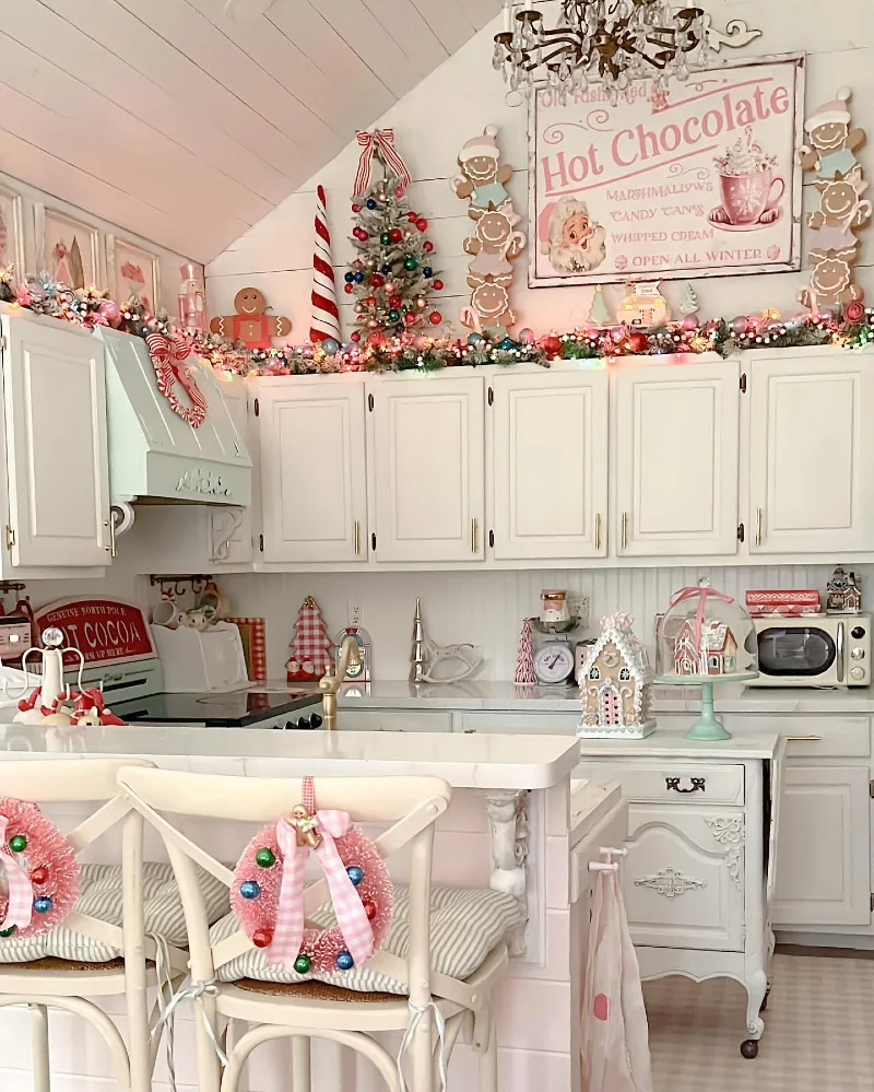 3. Pink Hot Chocolate Kitchen with Gingerbread Signs and Candy Garland