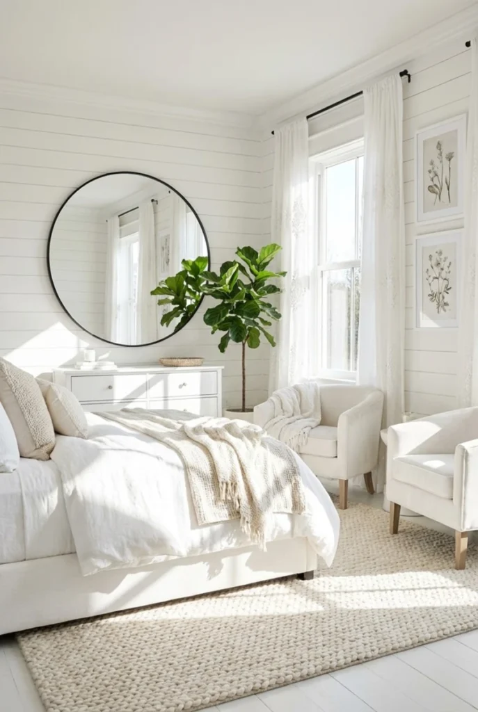3. White Shiplap Bedroom with Round Black Mirror and Chunky Woven Rug