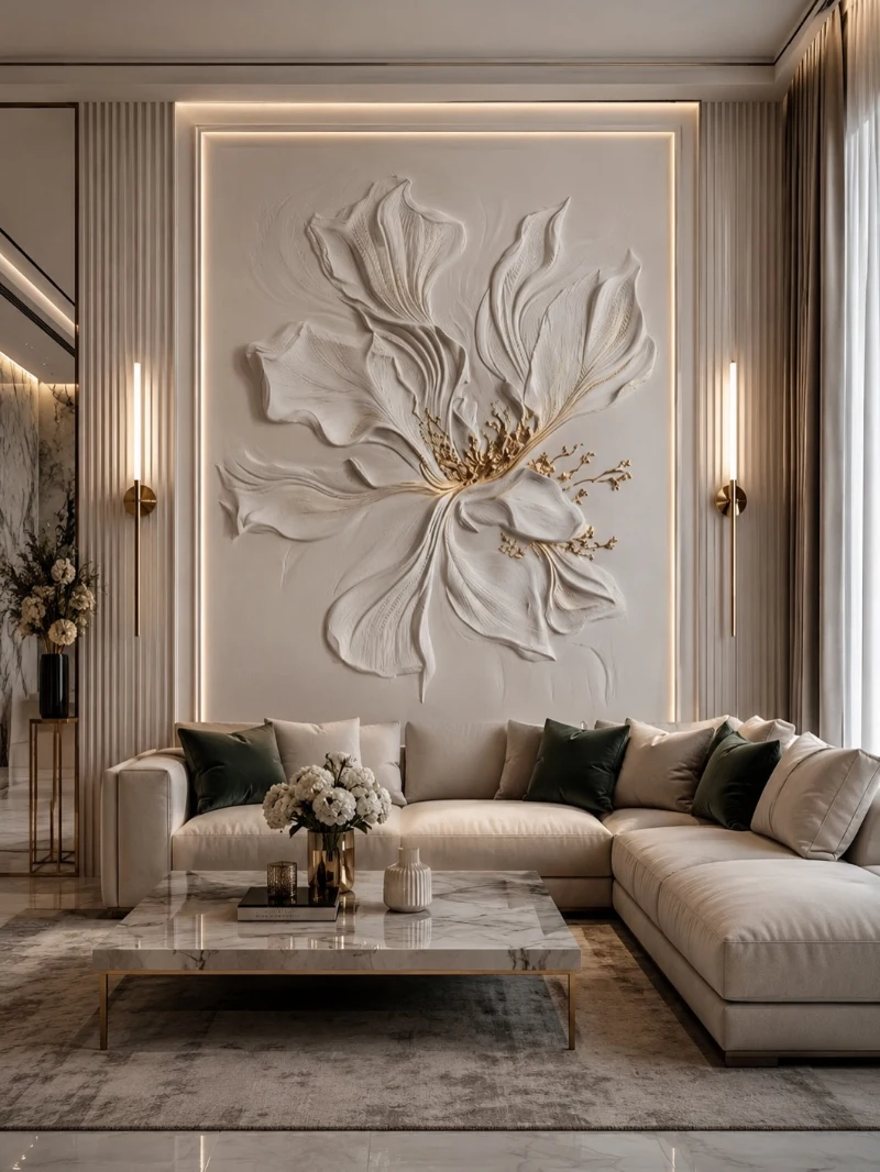 3D Plaster Floral Relief with Warm Backlit Panel