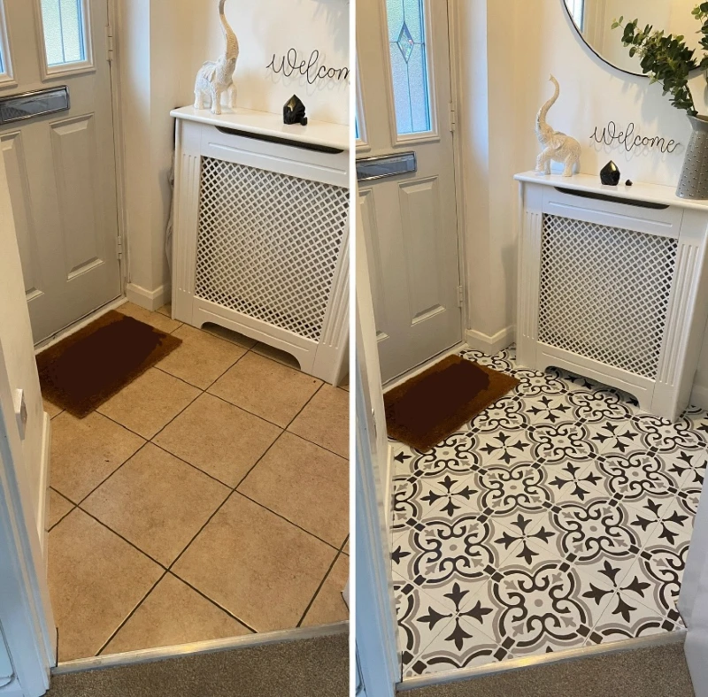 4. Entryway Floor Makeover with Black and White Peel and Stick Tiles