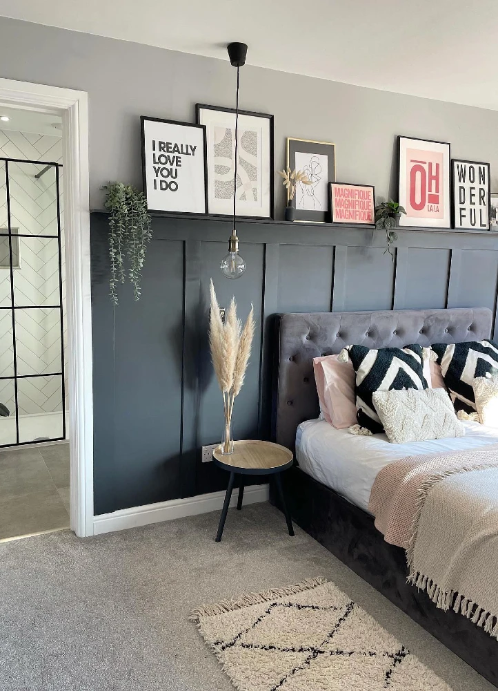 4. Floating Frame Ledge Above Bed with Minimal Typography Art