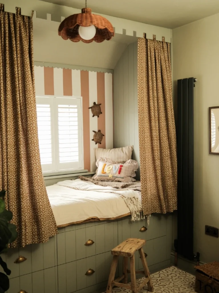 4. Sage Built-In Bed with Curtain Panels and Brass Shell Drawer Pulls