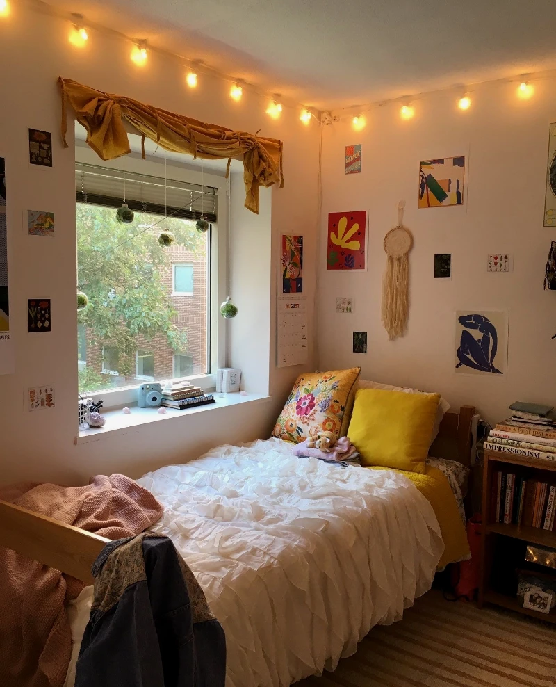 4. String Light Bed Nook with Mustard Draped Window and Mini Art Wall