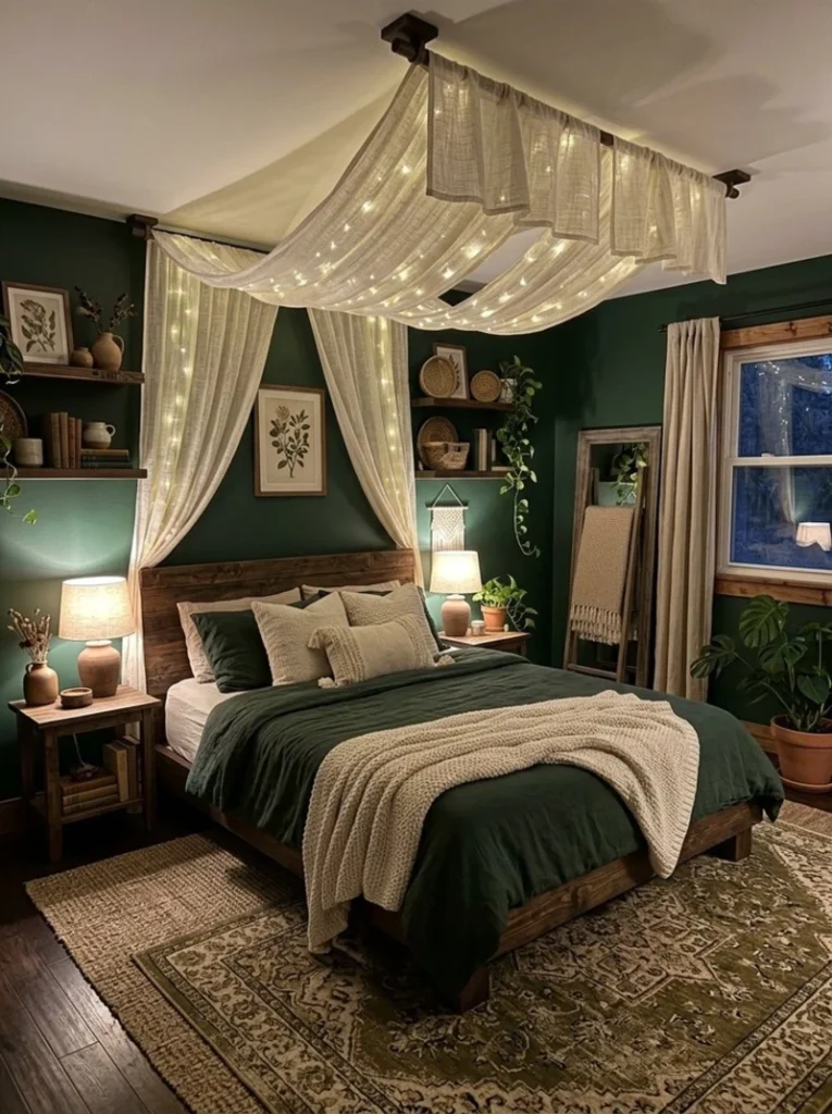4. String Light Canopy Over a Dark Green Bed with Rustic Wood Shelves