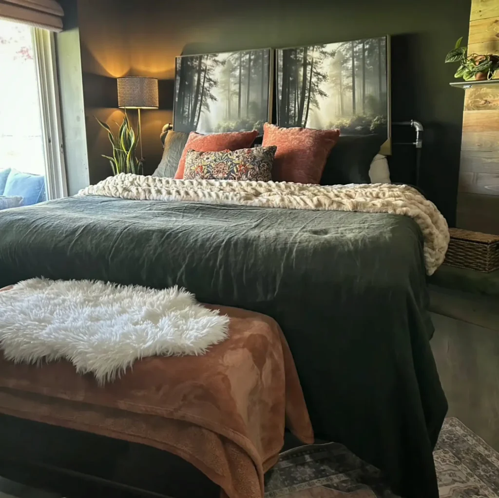 5. Forest Print Headboard Wall with Chunky Cream Throw and Rust Pillows