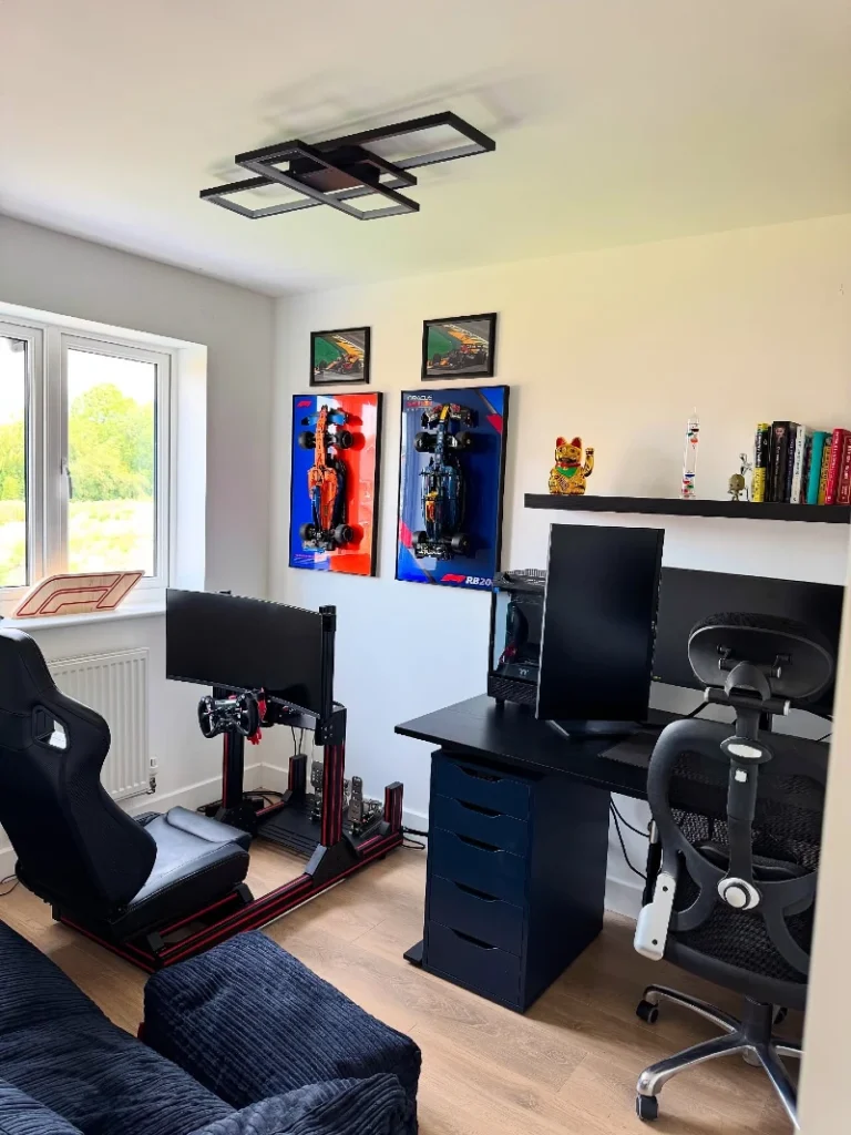 5. Formula 1 Racing Simulator with Black Desk and Wall Shelf