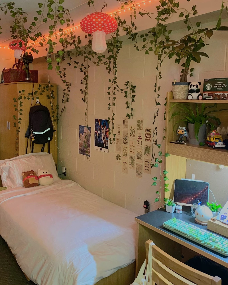 5. Hanging Ivy Ceiling with Mushroom Lanterns and Cozy Desk Glow