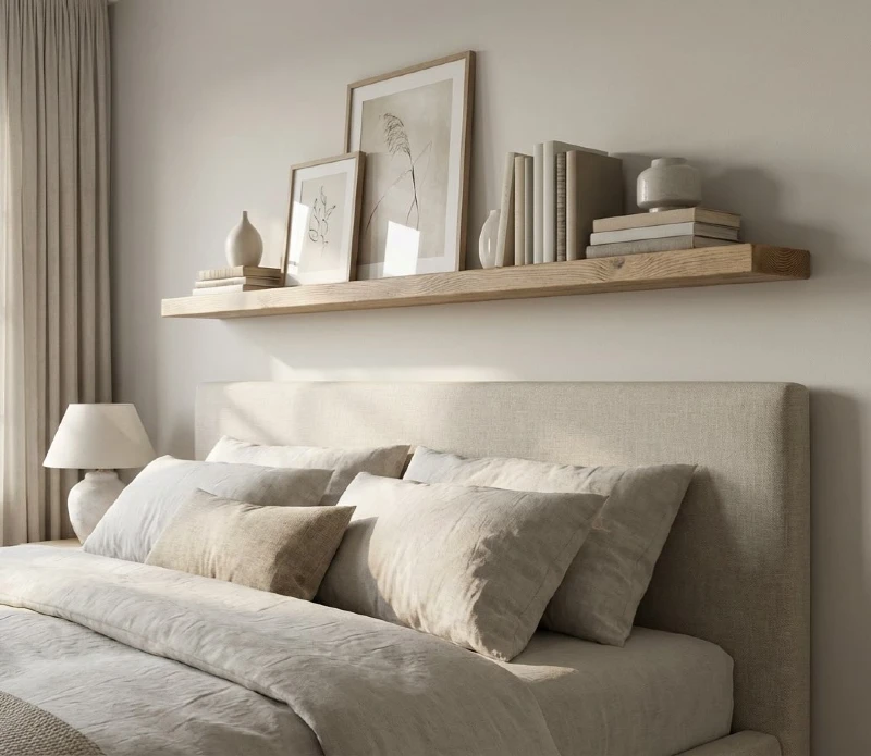 5. Neutral Bedroom Shelf with Leaning Line Art, Cream Books, and Soft Ceramic Vases