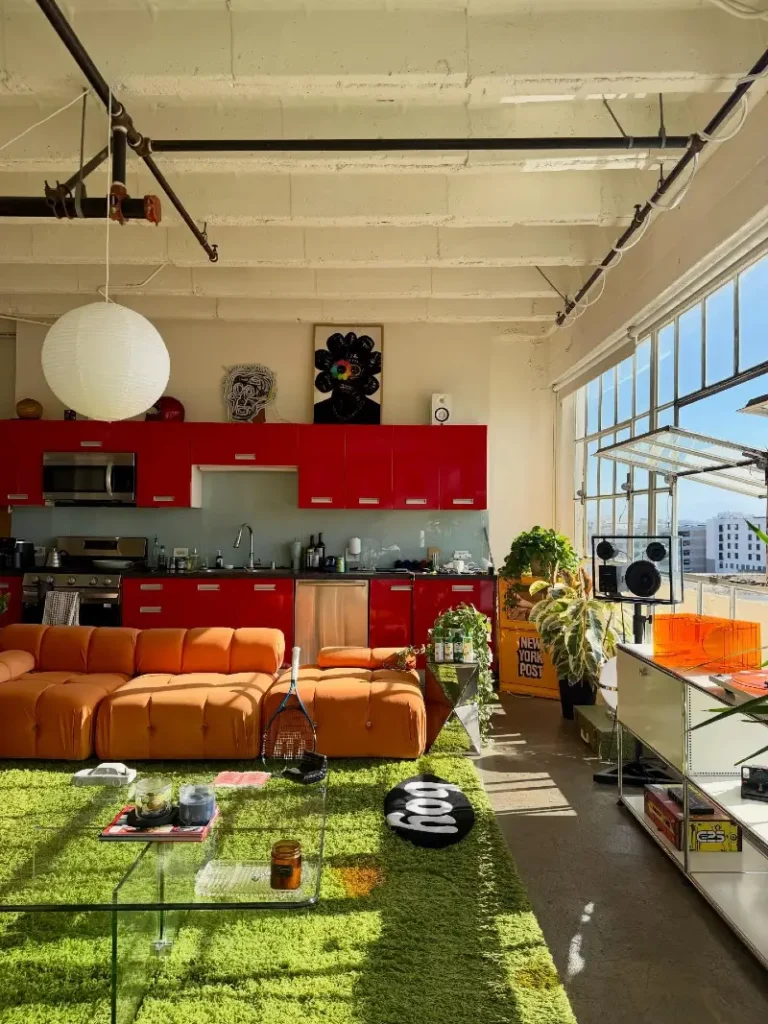 5. Orange Modular Sofa with Red Kitchen Cabinets and Green Shag Rug