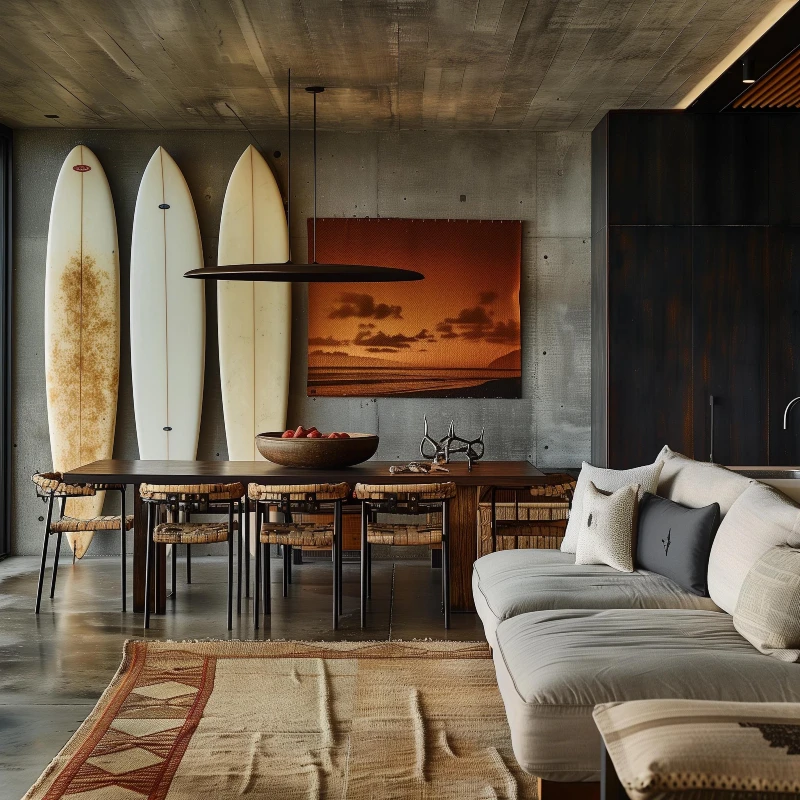 5. Vertical Surfboards with Concrete Walls, Woven Dining Chairs, and Low Cream Sofa