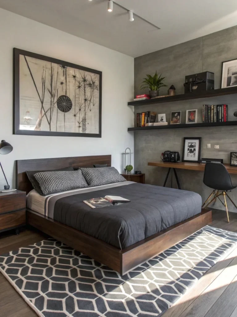 5. Wood Platform Bed with Botanical Wall Art and Floating Office Shelves