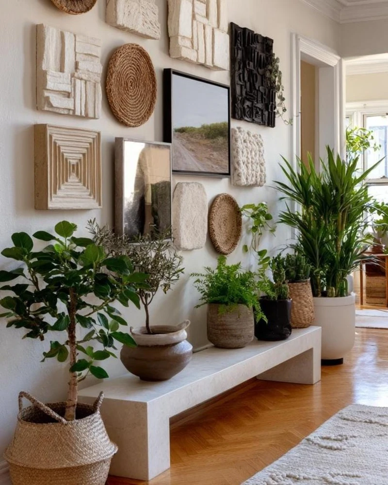 5. Woven Wall Reliefs with Indoor Green Bench Styling