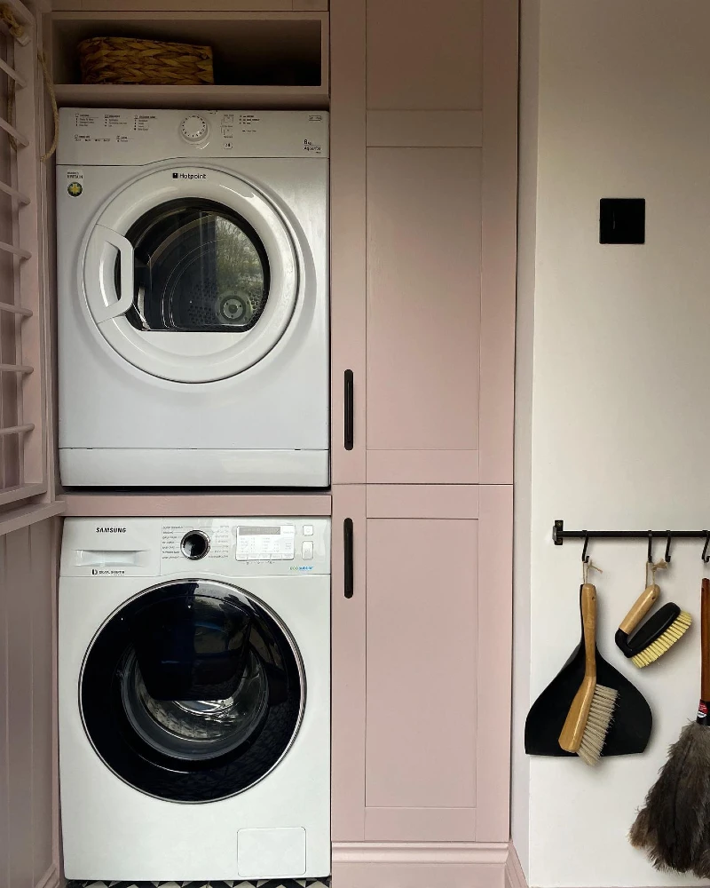 6. Blush Pink Laundry Stack with Tall Cabinet and Wall-Mounted Cleaning Rail
