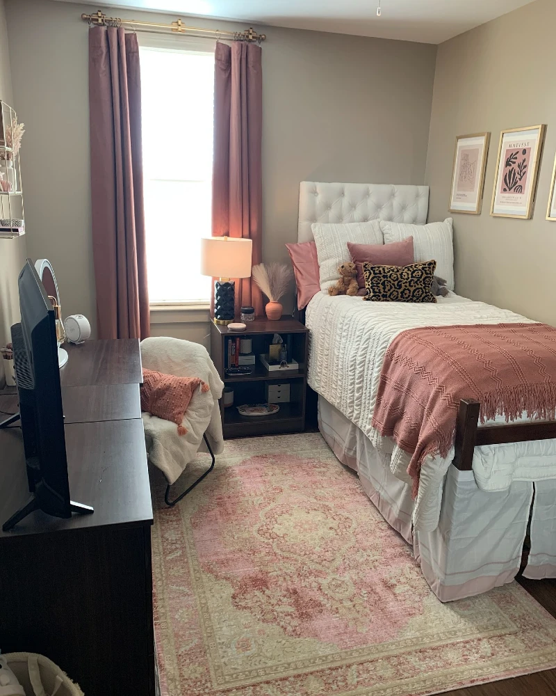 6. Dusty Rose Curtain Bedroom with Tufted Headboard and Soft Pink Rug