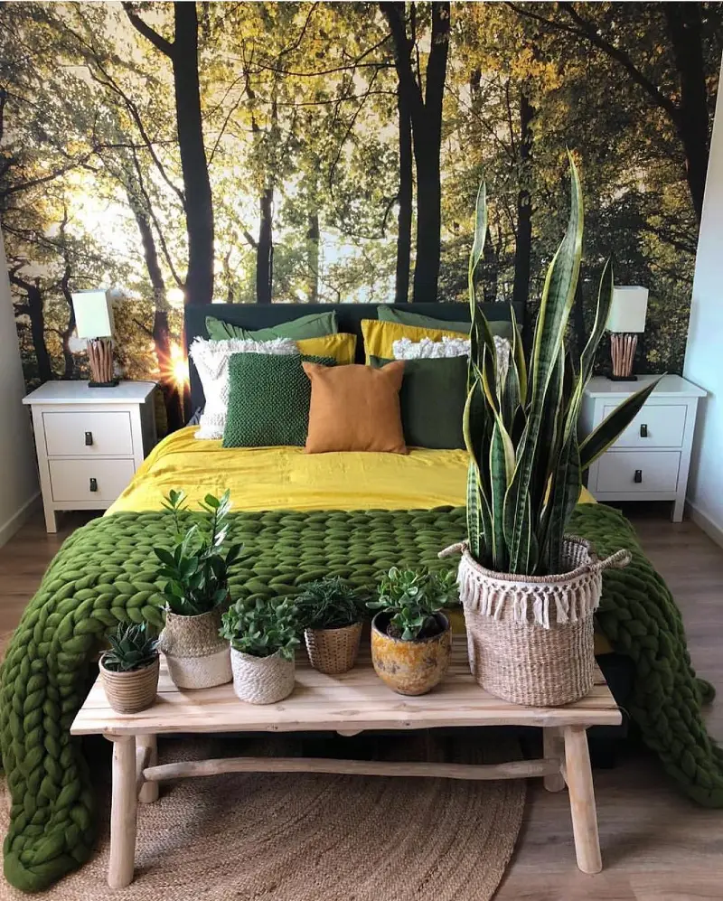 6. Golden Forest Mural with Mustard Bedding and Oversized Green Knit Throw