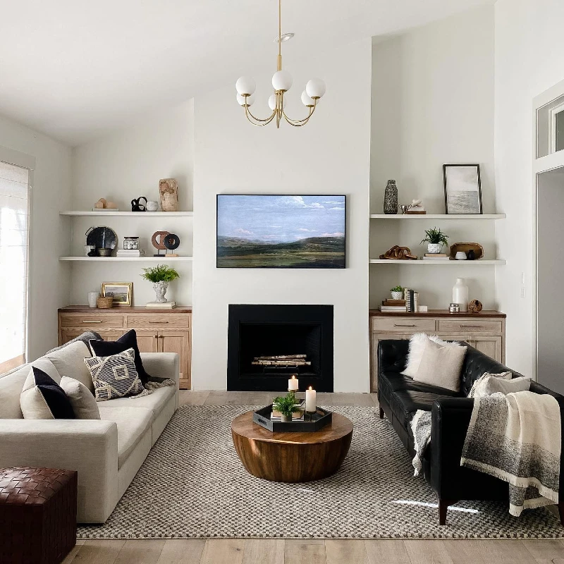6. Living Room Alcove Shelves with Sculptural Objects, Plants, and Layered Art