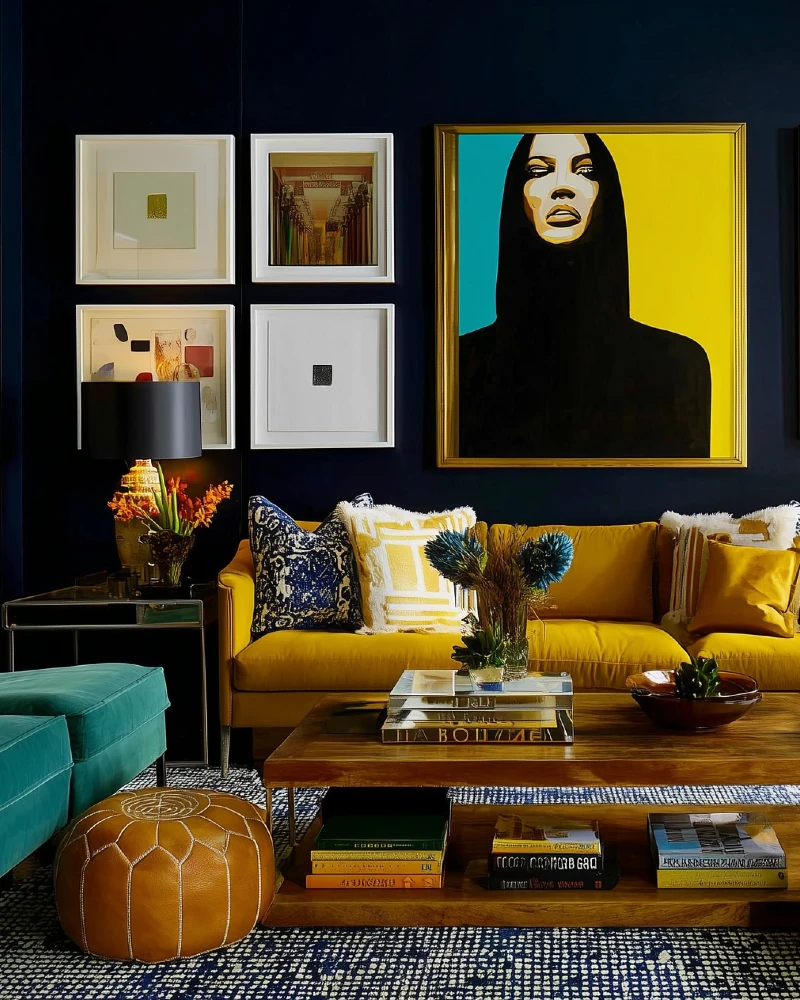 6. Mustard Sofa with Navy Walls, Pop Art Portrait, and Teal Ottoman