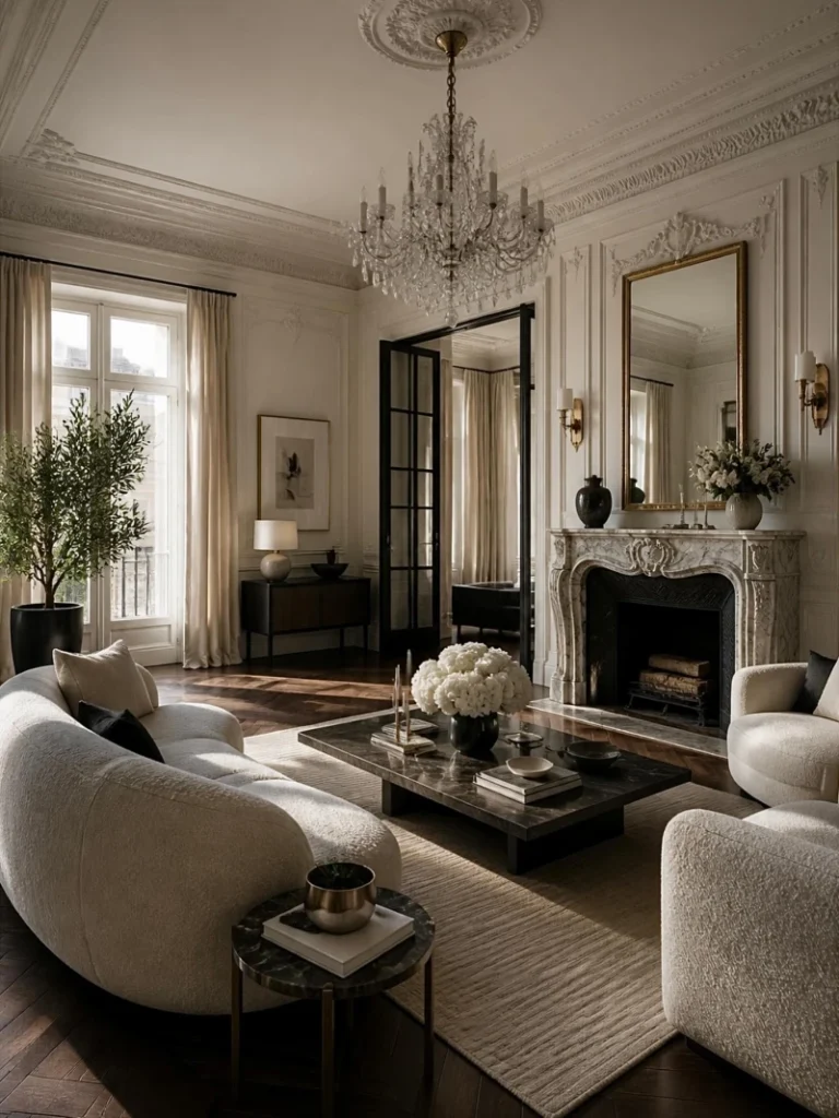 6. Ornate Marble Fireplace with Crystal Chandelier and Cream Boucle Seating