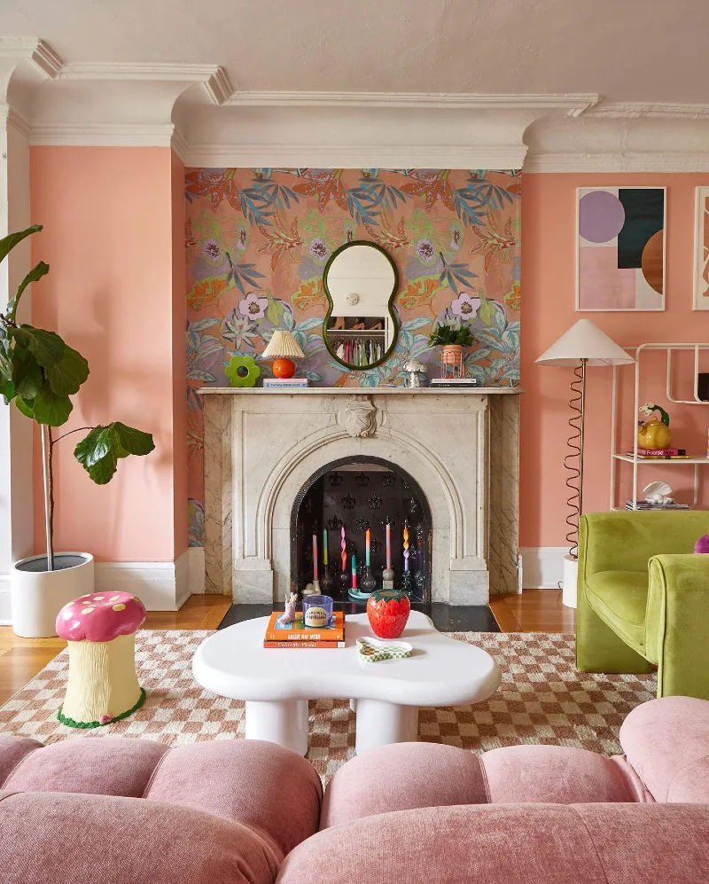 6. Peach Living Room with Checkered Area Rug and Floral Fireplace Wall