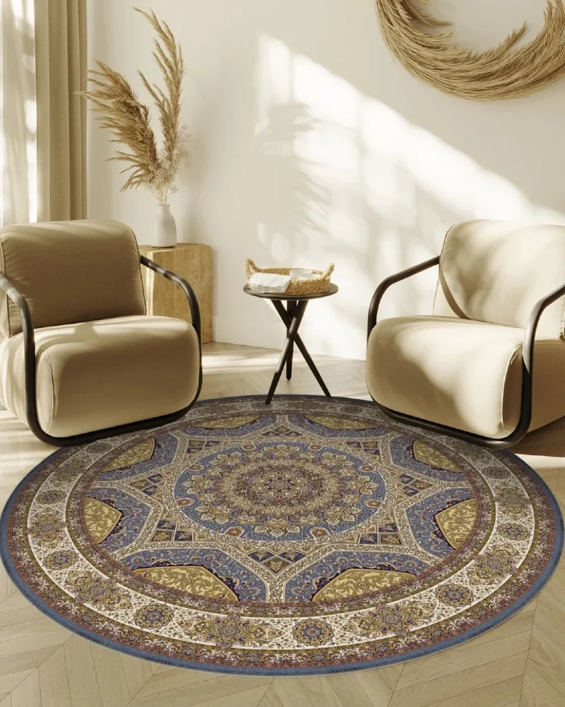 6. Round Persian Style Rug in Minimal Lounge with Beige Accent Chairs and Soft Sunlight