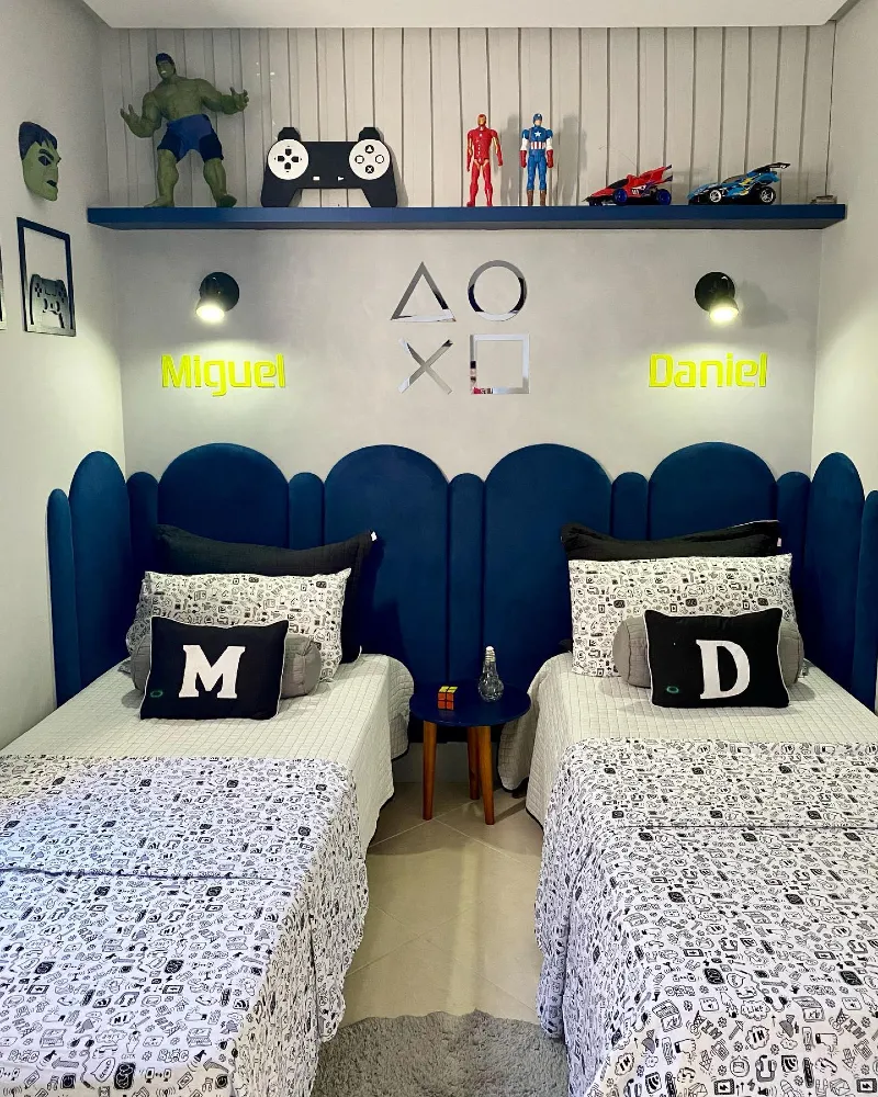 6. Shared Blue Headboard Wall with Twin Beds and Gamer Shelf