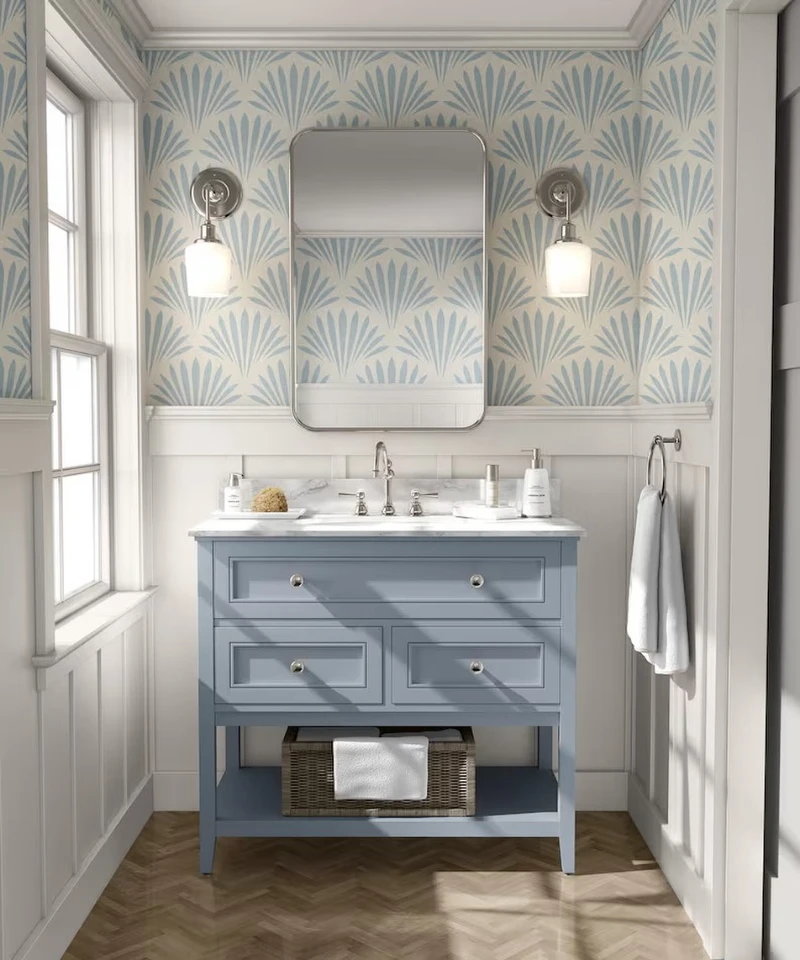 6. Soft Blue Fan Motif Wallpaper with Light Blue Vanity and Crisp White Paneling