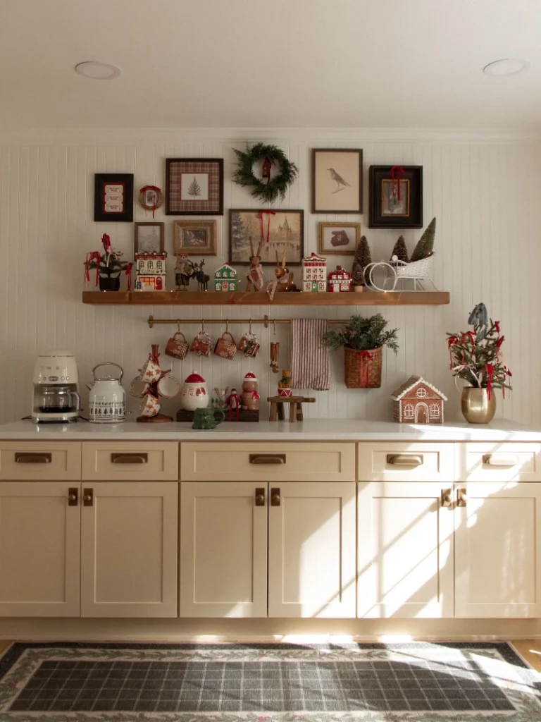 7. Beadboard Coffee Bar Shelf with Mini Village Houses and Red Ribbon Art