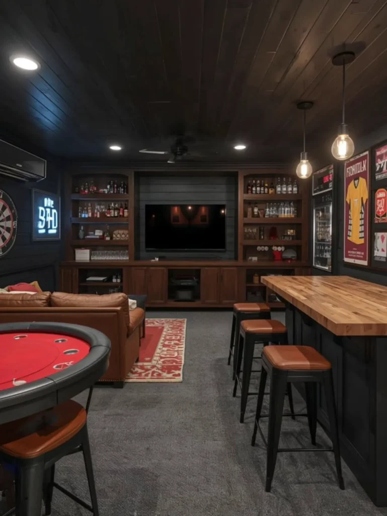 7. Dark Game Lounge with Leather Sofa, Wood Bar, and Red Poker Table