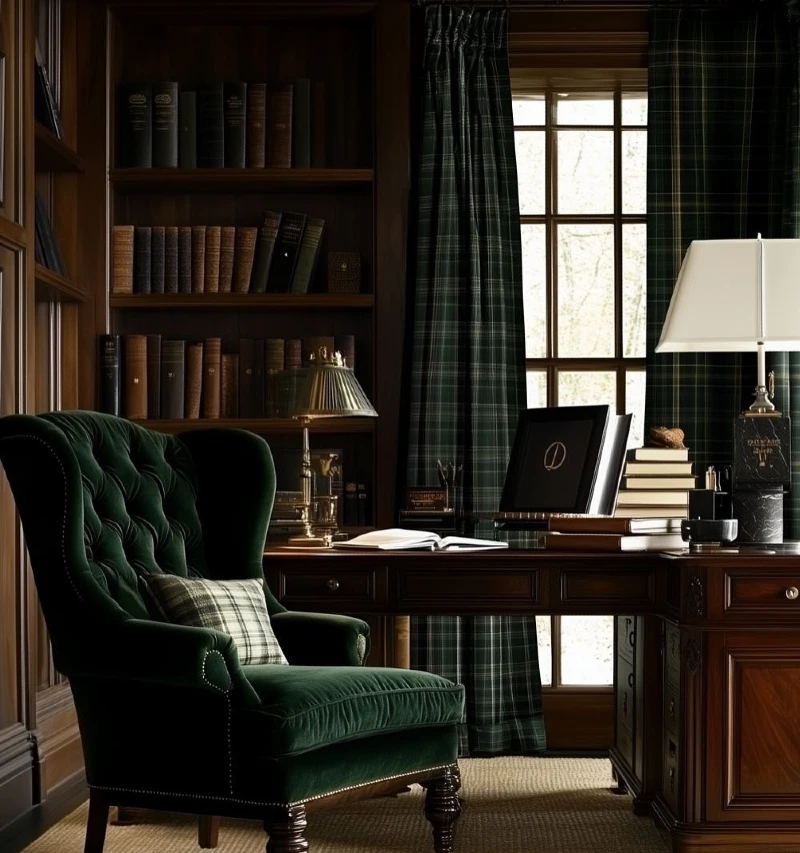 7. Emerald Velvet Wing Chair with Plaid Drapes and Built In Bookshelves