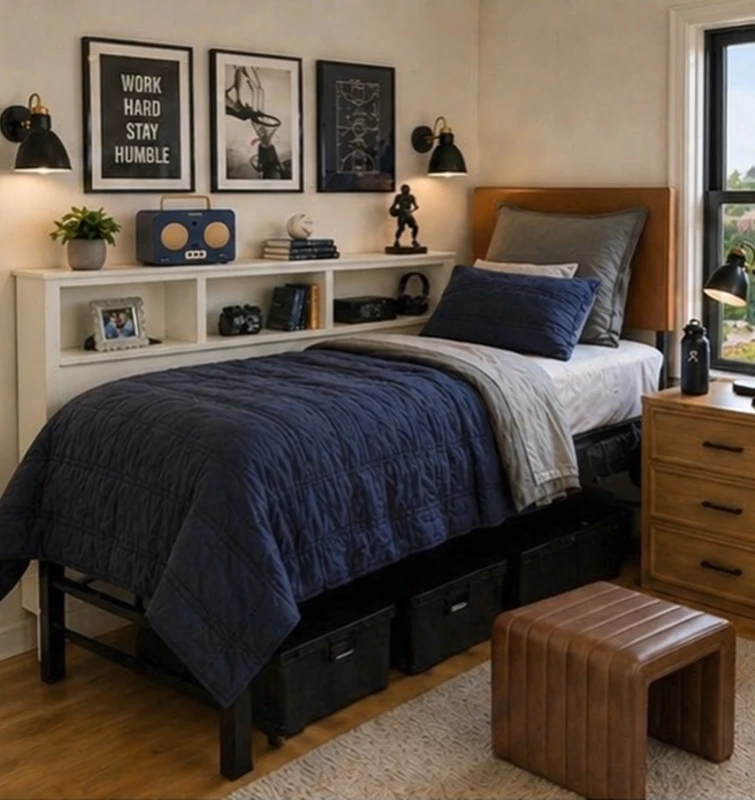 7. Navy Quilted Bed with Wall Sconces and Under-Bed Storage Bins
