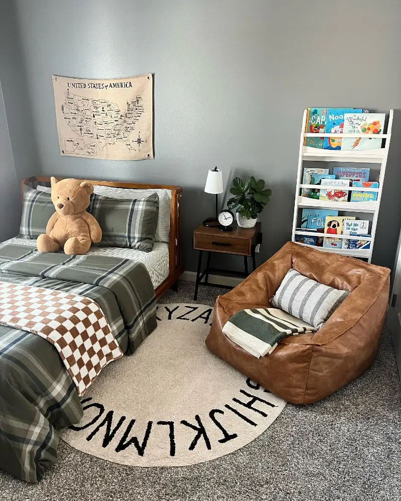 7. Sage Plaid Bed with Leather Beanbag Chair and Front-Facing Bookshelf