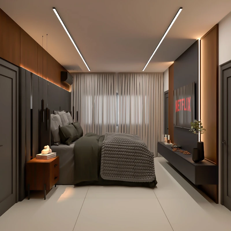 7. Sleek Gray Bedroom with Wood Wall Panels and Linear Ceiling Lights