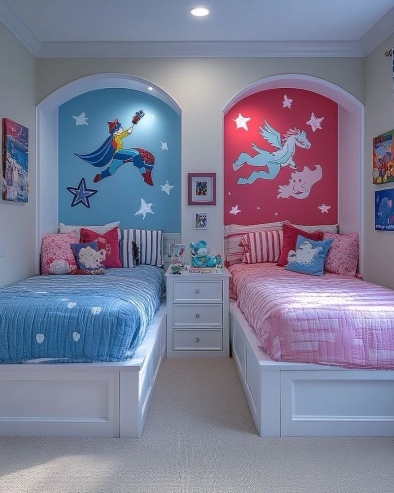 8. Arched Twin Bed Alcoves with Blue and Pink Storybook Murals
