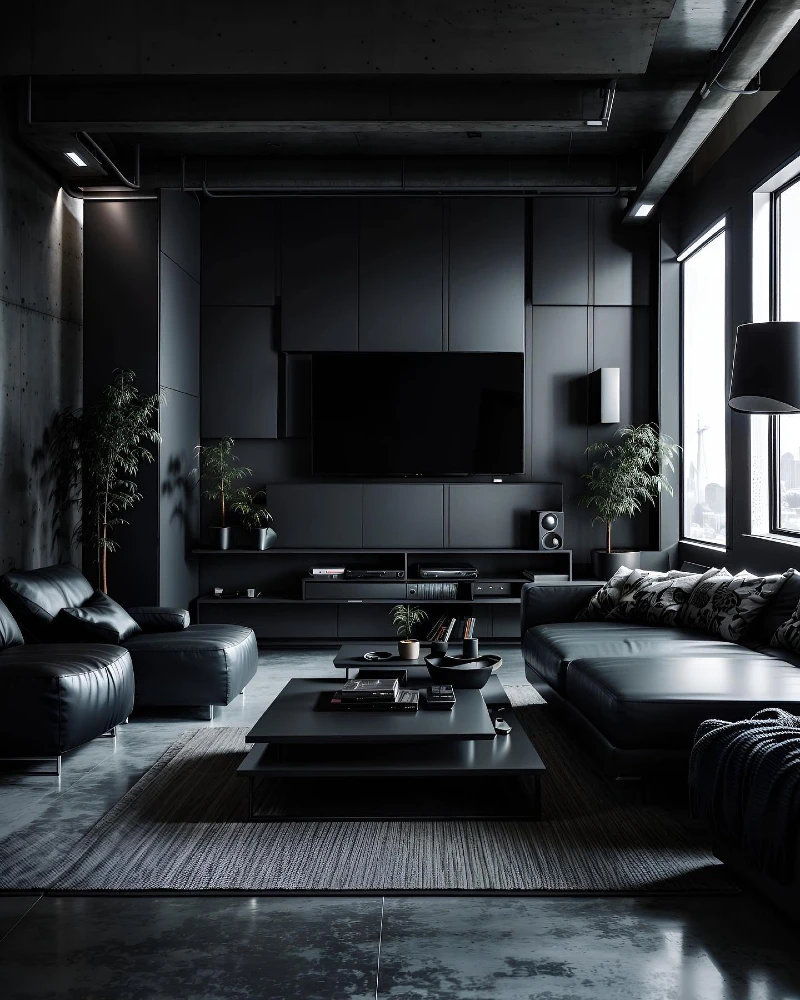 8. Matte Black Media Wall with Leather Lounge Seating and Concrete Ceiling