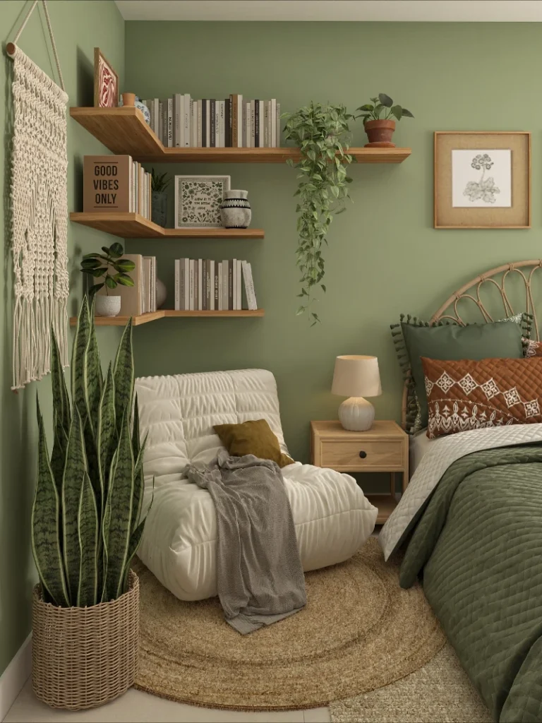 8. Sage Green Reading Corner with Floating Wood Shelves and Rattan Bed Frame