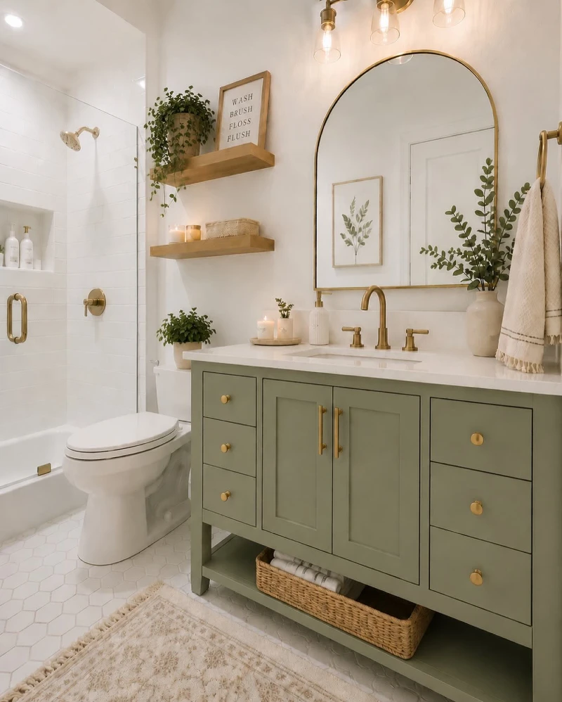 8. Sage Green Vanity with Gold Mirror and Wood Shelves