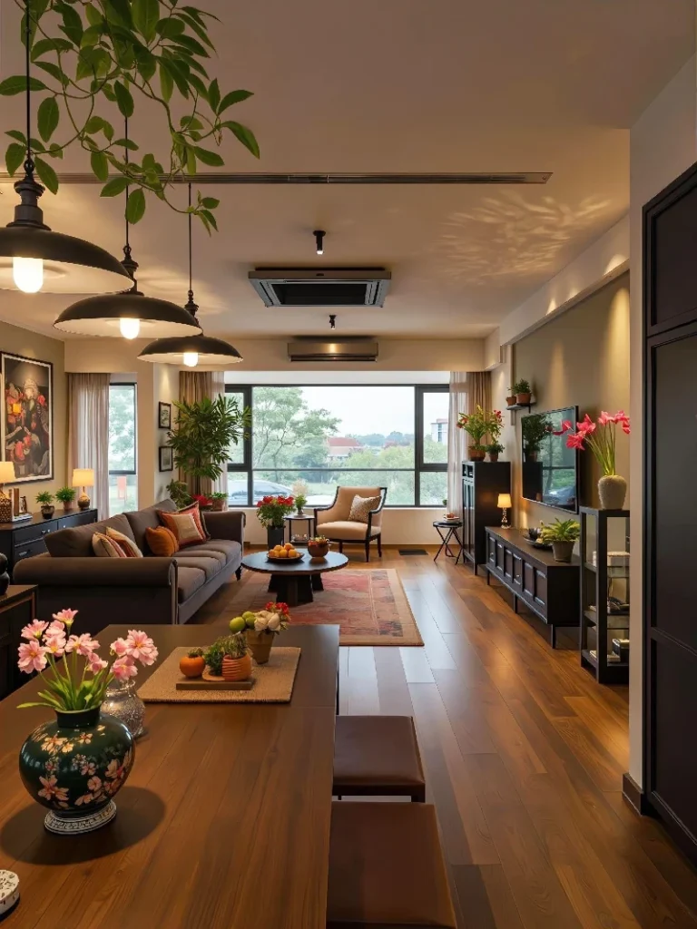 8. Warm Wood Plank Living Room with Layered Rugs and Black Media Wall
