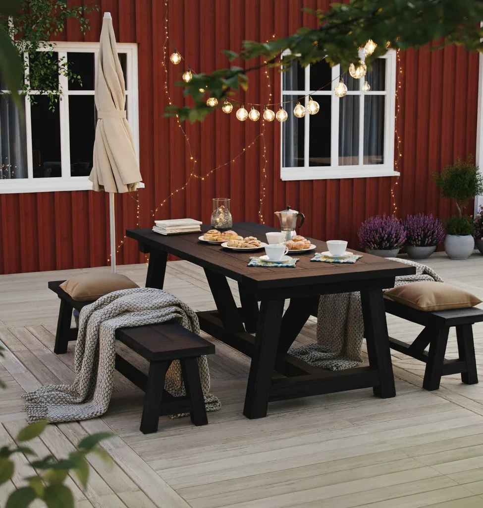 9. Black Picnic Table Benches with Globe Lights and Red Cabin Siding