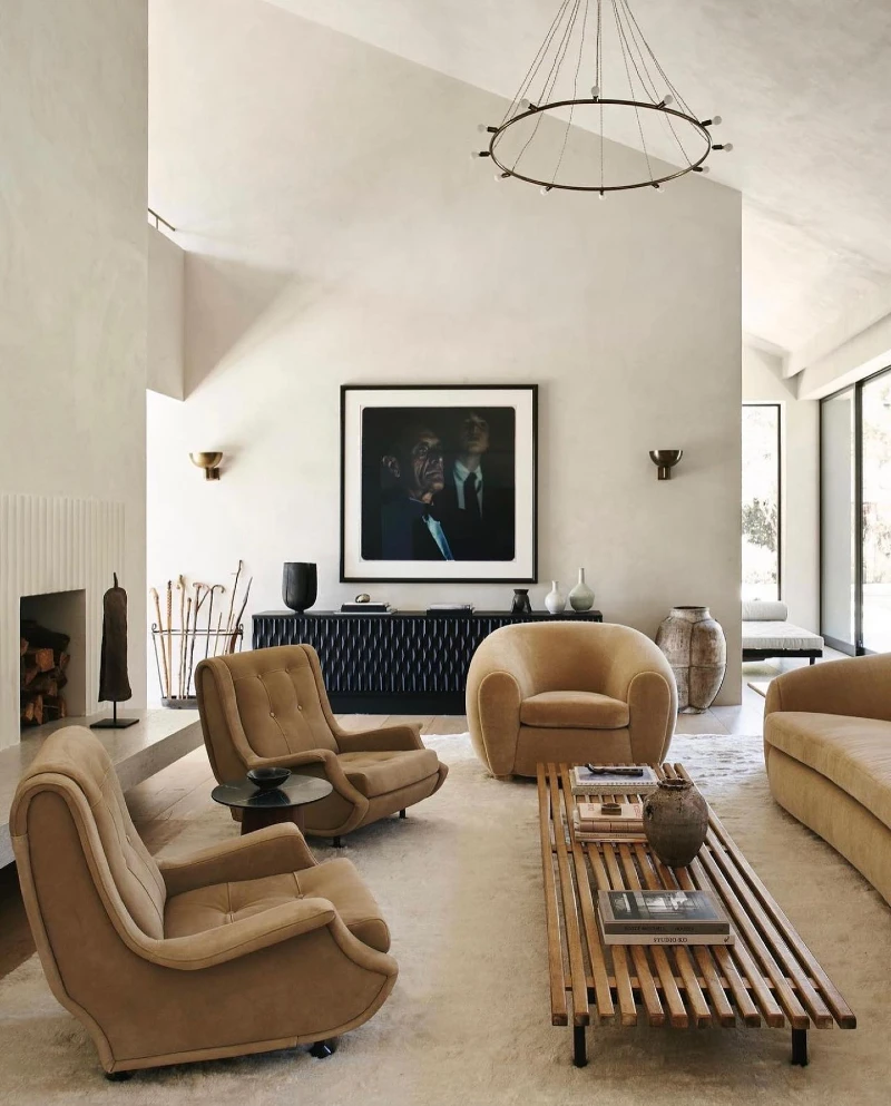 9. Camel Lounge Chairs with Slatted Wood Coffee Table and Black Ribbed Console