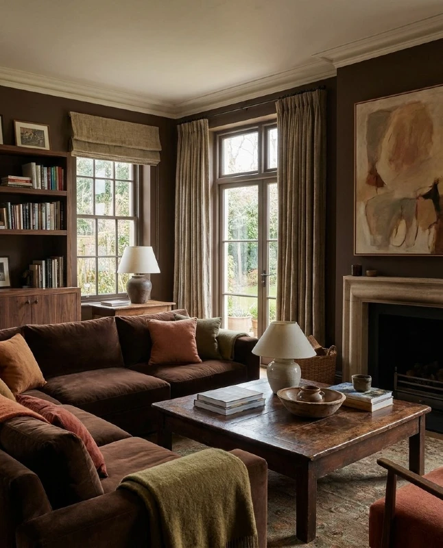 9. Chocolate Brown Library Living Room with Worn Wood Coffee Table and Velvet Sectional
