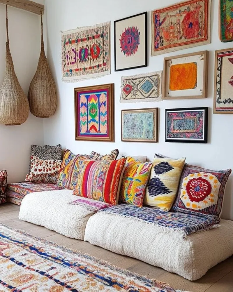 9. Colorful Kilim Sofa with Layered Textile Gallery Wall and Hanging Woven Baskets