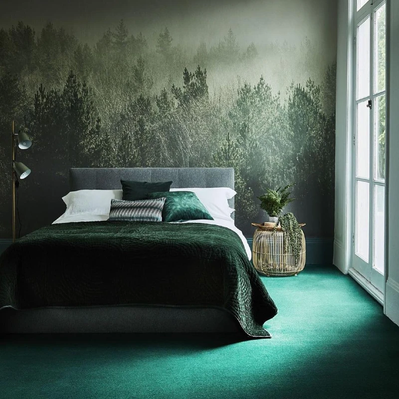 9. Misty Forest Mural with Emerald Carpet and Deep Green Quilt