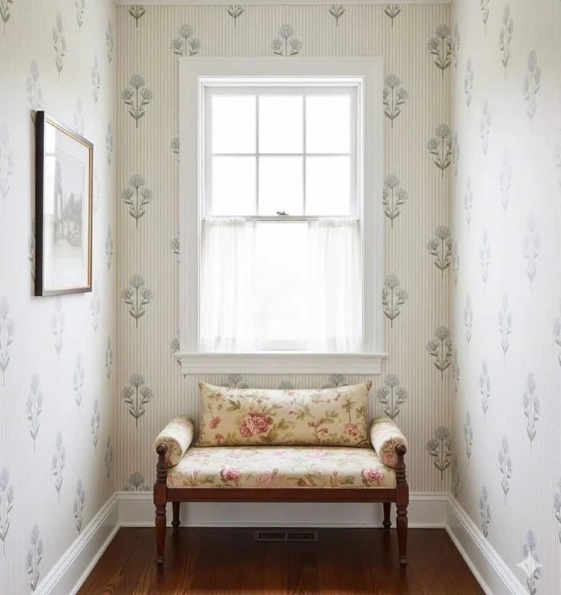 9. Narrow Hallway Bench Nook with Striped Botanical Peel and Stick Wallpaper