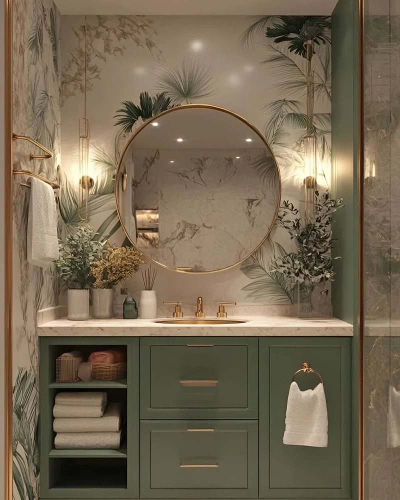 9. Palm Wallpaper Vanity with Round Gold Mirror