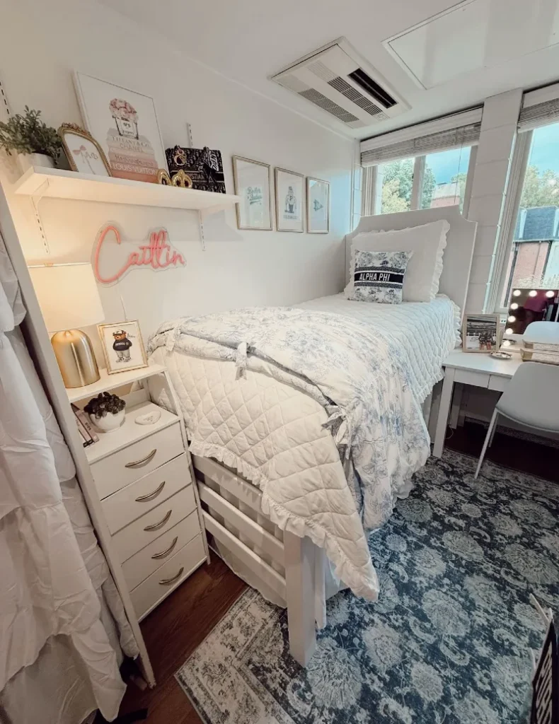 9. Raised White Bed with Blue Toile Bedding and Shelf Styled Wall